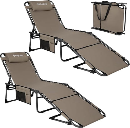 KingCamp 2 Pack Tanning Chair with Face Hole, Lounge Chairs Outdoor Folding Portable Comfy Adjustable 5-Position Lay Flat Foldable Chaise Chaser Lounger for Outside Beach Patio Sun bathing Pool, Beige