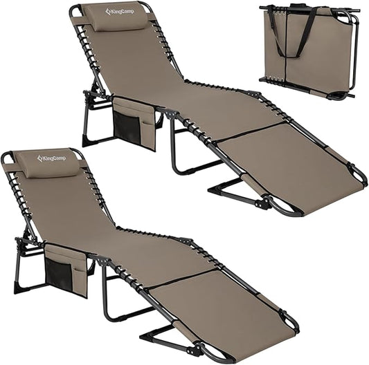 KingCamp 2 Pack Tanning Chair with Face Hole, Lounge Chairs Outdoor Folding Portable Comfy Adjustable 5-Position Lay Flat Foldable Chaise Chaser Lounger for Outside Beach Patio Sun bathing Pool, Beige
