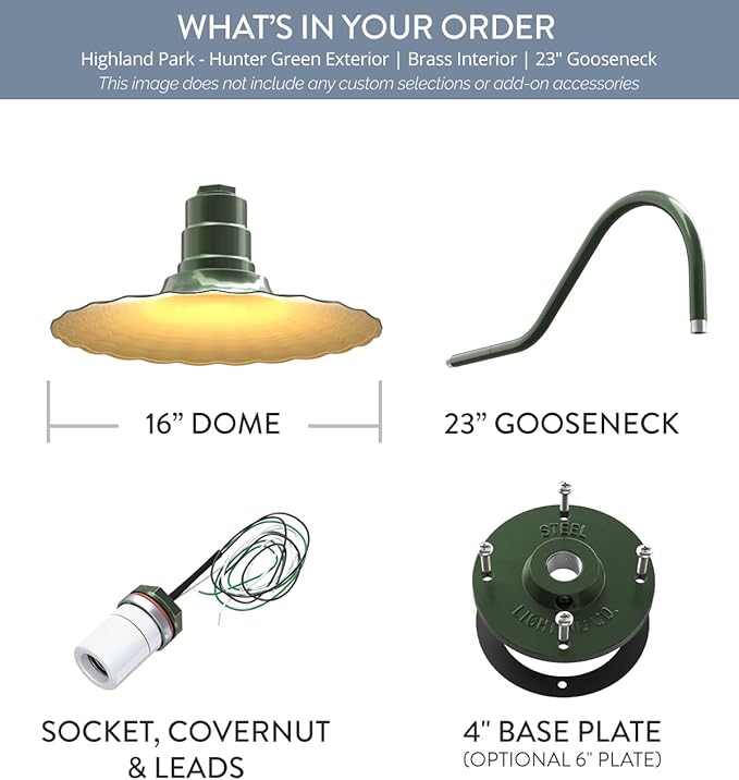 Steel Lighting Co. Highland Park Barn Light | Outdoor Wall Mounted | 16 inch Radial Wave | 23" Gooseneck | Vintage Style Made in America | Hunter Green Exterior/Brass Interior