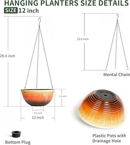 12 inch Large Hanging Planters for Indoor Outdoor Plants, Set of 2 Glazed Hanging Flower Pots with Drainage Hole, Hanging Baskets for Garden Home Porch Decor