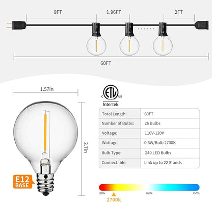Vocevos LED Outdoor String Lights 60FT, Shatterproof Patio Hanging Lights Outside, Dimmable G40 Bulbs Waterproof Heavy-Duty Commercial Strand Decor for Bistro Café Party Wedding Porch Backyard