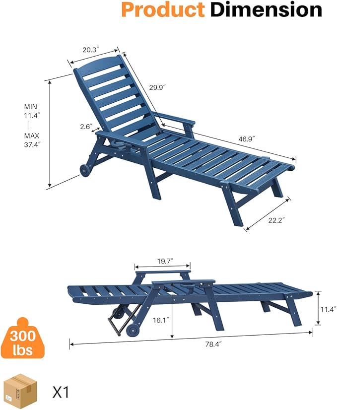 HDPE Outdoor Chaise Lounge Set of 2, 5-Position Adjustable Outdoor Lounger with Wheels & Cup Holder, 78.4'' Poly Lounge Chairs Furniture, HDPE Patio Lounge Chairs for Deck, Pool, Beach, Navy