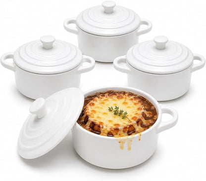 Mini Dutch Oven Set of 4, 14 oz Ceramic Mini Dutch Ovens with Lids and Handles, Ramekins with Lids for French Onion Soup, Pot Pies, Soufflés and Baked Desserts, Oven Safe, Microwave and Dishwasher Safe, Mini Cocotte
