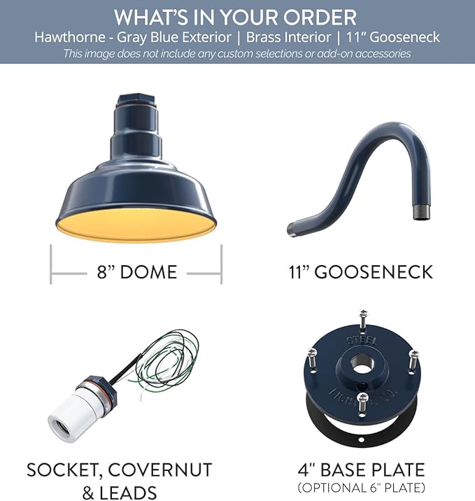 Steel Lighting Co. | Dusk to Dawn | Hawthorne Barn Light | Outdoor Wall Mounted | 8 in Dome | 11 inch Gooseneck| Small Farmhouse Light Made in America | Gray Blue/Brass