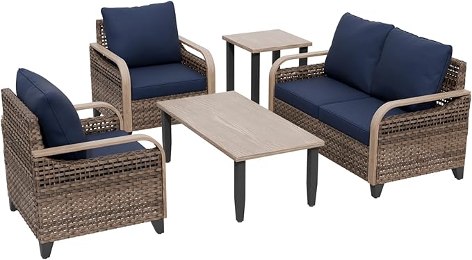 COOS BAY Modern Wicker Outdoor Furniture Set, Patio Conversation Set with Patio Chairs, 2 Seat Loveseat, Coffee Table and Side Table, 5 Piece, Brown/Blue
