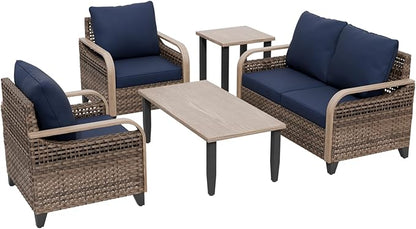 COOS BAY Modern Wicker Outdoor Furniture Set, Patio Conversation Set with Patio Chairs, 2 Seat Loveseat, Coffee Table and Side Table, 5 Piece, Brown/Blue