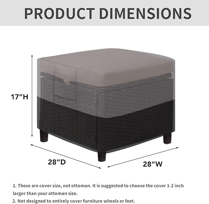 Easy-Going Outdoor Ottoman Cover, Waterproof Patio Ottoman Cover, Heavy Duty Outdoor Furniture Cover with Padded Handles (28"x28"x17", Gray/Black)