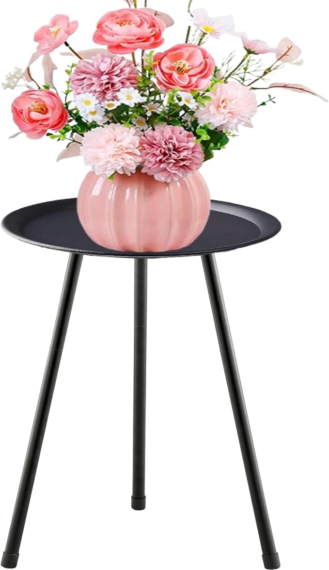 Metal Side Table,12" Diameter 20'' Height Small Round Weather Resistant Black Metal Outdoor Side Table for Patio Balcony Yard Porch Garden, Bedside Table Plant Stand for Indoor Outdoor Use