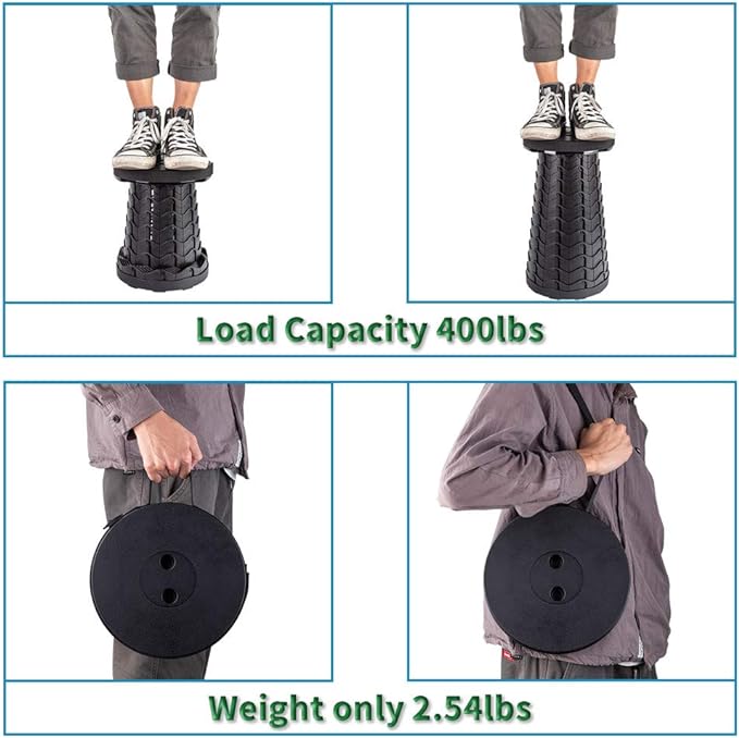 Boreeman Upgraded Folding Stool Lightweight Yet More Sturdy with Load Capacity 400lbs Portable Collapsible Stool for Camping Fishing Hiking BBQ (Black)