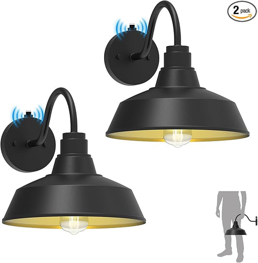 12.4" Dome Gooseneck Barn Light, Outdoor Anti-Rust&Waterproof Farmhouse Wall Sconce, Wall Lanterns for Porch/Patio, E26 Base 100W Max(Black 2-Pack Dusk to Dawn Outdoor Lighting)