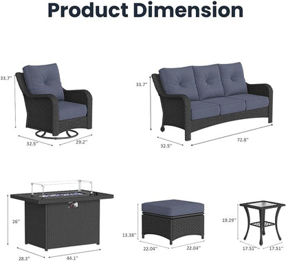 7 Pieces Outdoor Patio Furniture Sets with Rocking Swivel Chairs with 6-inch Thick Cushion and Fire Pit Table for Deck Lawn