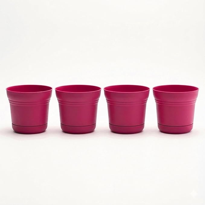 Bloem Saturn 5" Fuchsia Round Resin Planter Pot with Snap-in Saucer for Indoor and Outdoor Gardening, 4-Pack