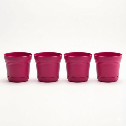 Bloem Saturn 5" Fuchsia Round Resin Planter Pot with Snap-in Saucer for Indoor and Outdoor Gardening, 4-Pack
