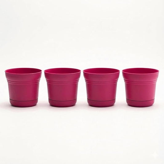 Bloem Saturn 5" Fuchsia Round Resin Planter Pot with Snap-in Saucer for Indoor and Outdoor Gardening, 4-Pack