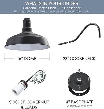 Steel Lighting Co. Gardena Barn Light | Outdoor Wall Mounted | 16" Dome | 23" Gooseneck | Farmhouse Light Made in America | Matte Black Exterior/White Interior