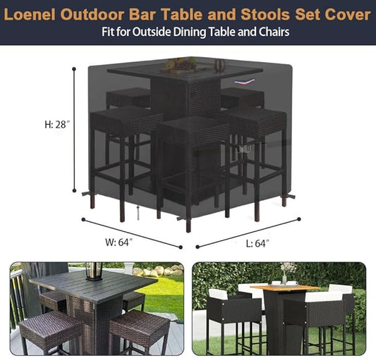 Outdoor Dining Table Cover, Waterproof Outdoor Patio Table Cover Patio Bar Set Covers for Square Bistro Tables & Chairs Set- 64"L x 64"W x 28"H