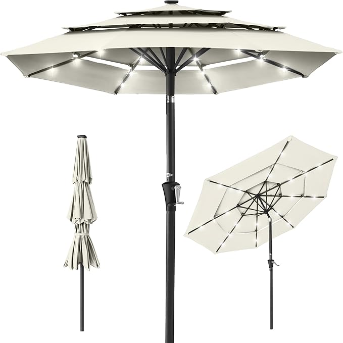 Best Choice Products 10ft 3-Tier Solar Patio Umbrella, Outdoor Market Sun Shade for Backyard, Deck, Poolside w/ 24 LED Lights, Tilt Adjustment, Easy Crank, 8 Ribs - Ivory