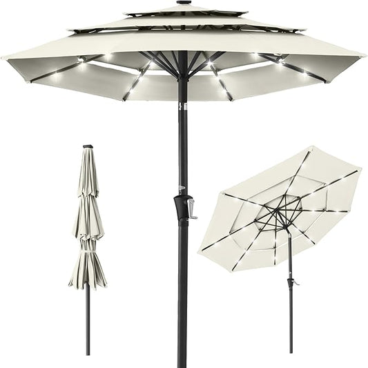 Best Choice Products 10ft 3-Tier Solar Patio Umbrella, Outdoor Market Sun Shade for Backyard, Deck, Poolside w/ 24 LED Lights, Tilt Adjustment, Easy Crank, 8 Ribs - Ivory