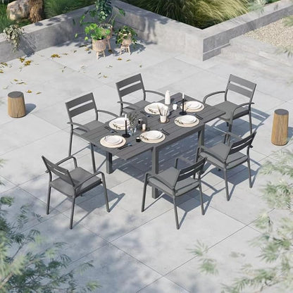 Soleil Jardin 7-Piece Outdoor Patio Dining Set, 35" - 71" Aluminum Expandable Outdoor Dining Table Set for 6, 6 Stackable Chairs with Gray Removable Cushions, Dark-Grey