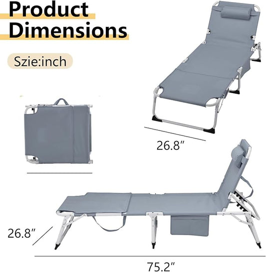 HRVEOCEI 3-in-1 Sun Tanning Chair with Face Hole,Adjustable 5-Position Folding Laying Out Chairs for Tanning,Outdoor Face Down Beach Lounger Sun Bathing Lounge Chair for Pool Deck Patio (Grey)