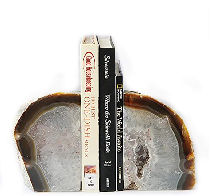 JIC Gem Natural Geode Bookends Decorative Agate Book Ends Stone Book Ends Holders for Shelves with Rubber Bumpers (1 Pair, 3-4 LBS)