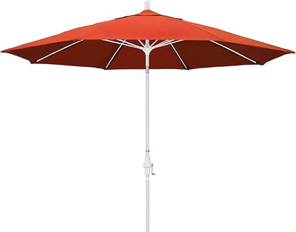 California Umbrella 11Ft Fiberglass Rib Patio Umbrella, Hand-Crank, Tilt-Collar, White Frame, Solution Dyed Sunset Fabric