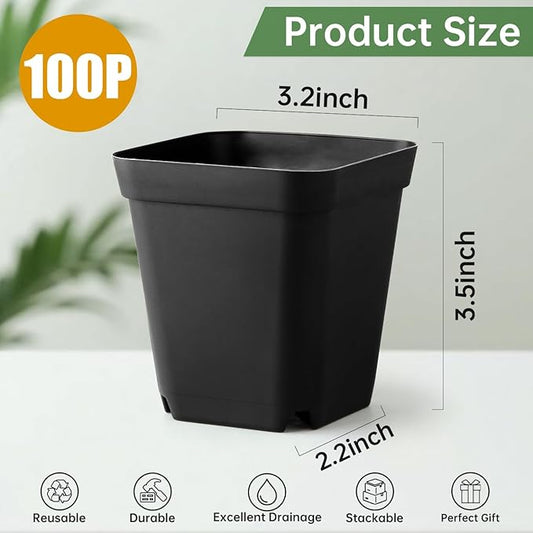 100 Pack Plant Nursery Pots 3.15 Inch, Durable Square Seedling Pots with Drainage Holes, Reusable Small Plastic Flower Pots for Seed Starting, Transplanting, Herb Garden