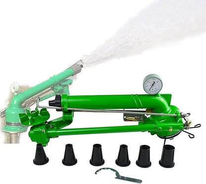 Impact Sprinkler with Pressure Gauge, 360° Slow Speed Rotation Large-Area Watering Spray 1.5" Farm Irrigation Spray Gun for Farmland Irrigation System