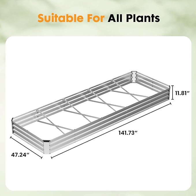 NEWBULIG 12x4x1ft Galvanized Raised Garden Bed, Outdoor Metal Planters Box for Vegetables, Flowers & Herbs, Open Base, Easy Assembly, X-Shaped Bars