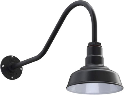 Steel Lighting Co. | Dusk to Dawn | Hawthorne Barn Light | Outdoor Wall Mounted | 8 in Dome | 23 inch Gooseneck| Small Farmhouse Light Made in America | Matte Black Exterior/White Interior