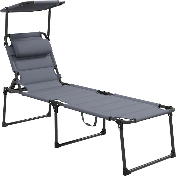 Outdoor Lounge Chair, Tanning Chair with Sunshade Roof, Adjustable Backrest Folding Chaise Lounge with Pillow Headrest for Outside, Beach, Camping, Hiking (Sunshade Roof, Grey)
