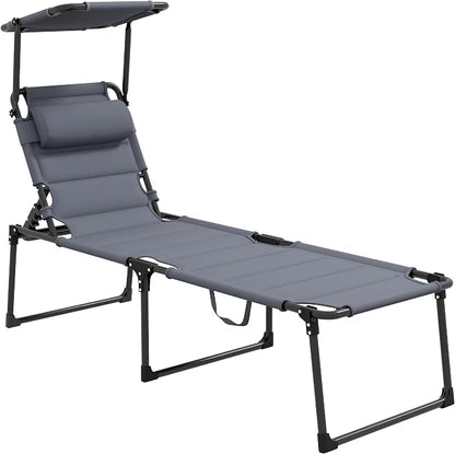 Outdoor Lounge Chair, Tanning Chair with Sunshade Roof, Adjustable Backrest Folding Chaise Lounge with Pillow Headrest for Outside, Beach, Camping, Hiking (Sunshade Roof, Grey)