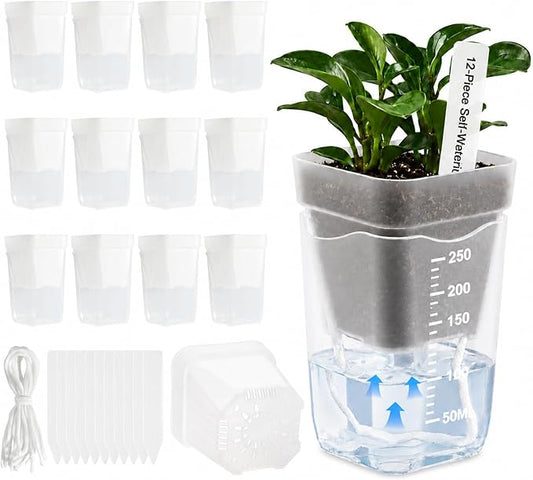 12 Pack 2.5" Self Watering Seed Starter Cups, Clear Mini Planters for Indoor Plants, Help Prevent Overwatering, Promote Healthy Growth for Seedlings, Cuttings & Small Plants, with 12 Labels