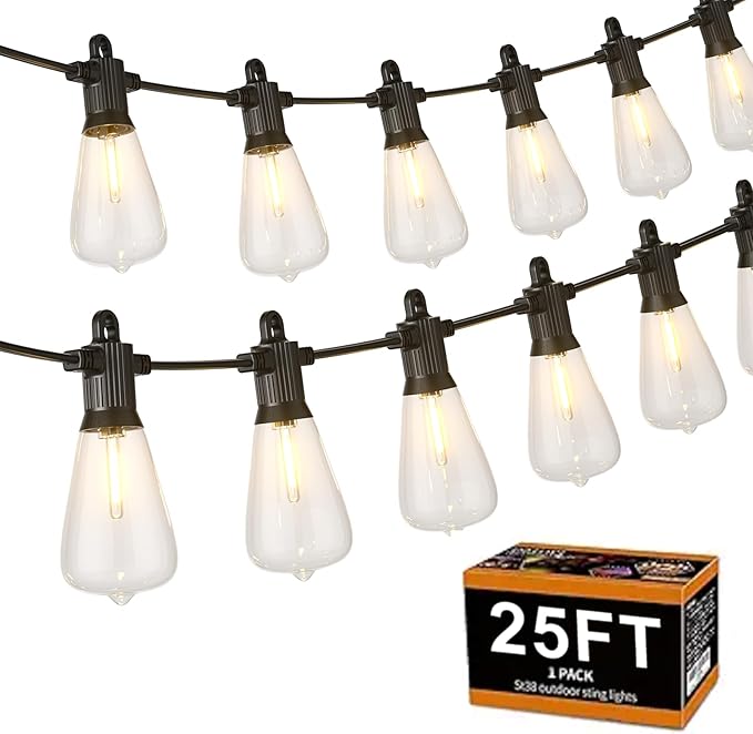 ZOTOYI Outdoor String Lights, 25FT Waterproof Patio Lights with 13 (1 Spare) LED ST38 Vintage Edison Shatterproof Bulbs Outside Hanging Light for Backyard, Cafe, Porch, Gazebo Dimmable 2700K