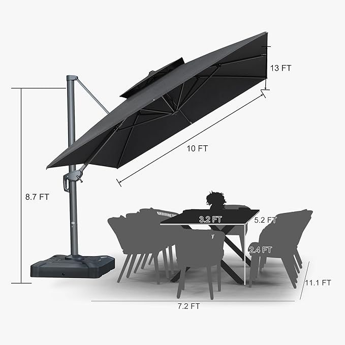 PURPLE LEAF Cantilever Patio Umbrella Outdoor Aluminum Offset Square Umbrella Windproof Heavy Duty Hanging Outside Umbrella for Deck Pool Garden