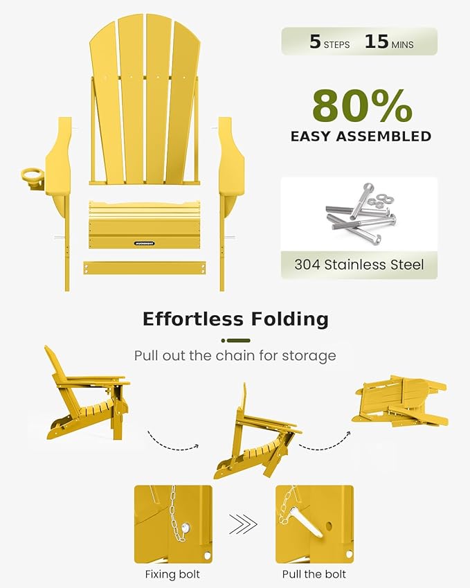 MUCHENGHY Folding Adirondack Chairs Set of 4, Patio Chairs, Lawn Chairs, Outdoor Chair, Adirondack Chair Plastic, Fire Pit, Weather Resistant with Cup Holder for Deck, Backyard, Garden(Olive Yellow)