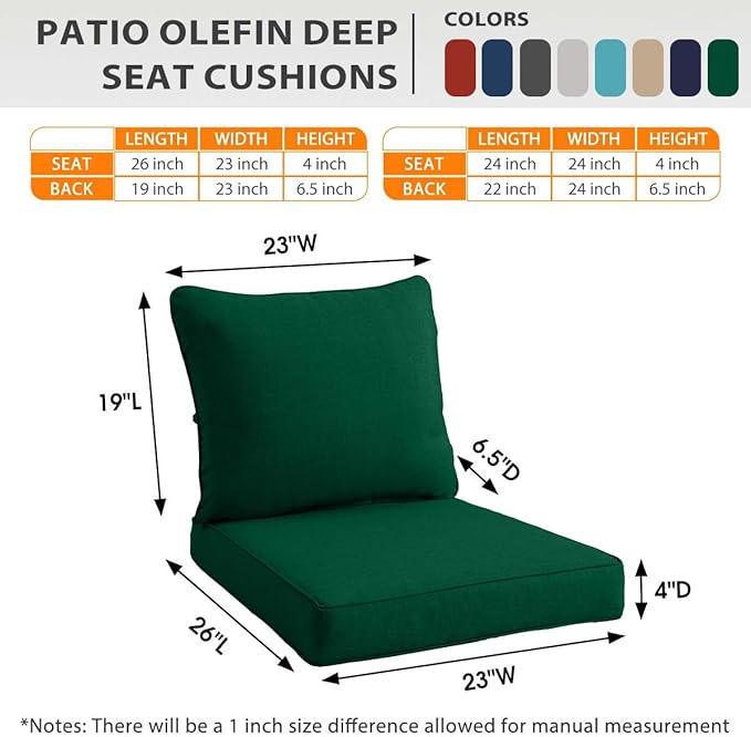 Sundale Outdoor Olefin Deep Seat Cushion Set of 2, Patio Chair Cushion and Pillow, Water-Resistant Sectional Sofa Pad with Straps Dark Green, 23 x 26 x 4 Inches