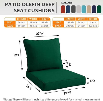 Sundale Outdoor Olefin Deep Seat Cushion, Patio Chair Cushion and Pillow, Water-Resistant Sectional Sofa Pad with Straps Dark Green, 23 x 26 x 4 Inches