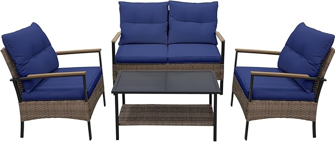 Sunset Escape Wicker Outdoor Furniture, Modern Sofa and Chair Set of 4, Rattan Patio Conversation Set, 2 Patio Chairs, Loveseat and Coffee Table, Brown/Blue
