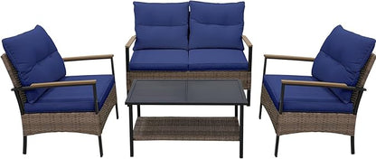 Sunset Escape Wicker Outdoor Furniture, Modern Sofa and Chair Set of 4, Rattan Patio Conversation Set, 2 Patio Chairs, Loveseat and Coffee Table, Brown/Blue