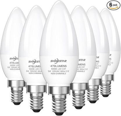 SHINESTAR E12 LED Candelabra Light Bulbs 40 Watt Equivalent, 5000K Daylight White 470 Lumen Chandelier Bulb, 6W B11 Candle Small Base Ceiling Fan Light Bulbs, Non-Dimmable, Pack of 6