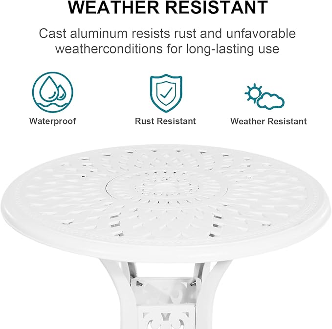 3 Piece Outdoor Dining Set,Cast Aluminum Bistro Set with Umbrella Hole, All Weather Patio Furniture Set, Small Patio Dining Set for Garden/Balcony/Deck, White