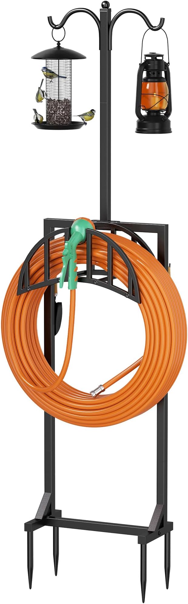 Garden Hose Reel Holder, Water Hose Stand for Outside with 4 Stake and 2 Shepherds Hooks, Freestanding Hose Storage Holds 150Ft, Heavy-Duty Metal Hose Hanger Rack for Yard, Lawn, Farm, Coffee
