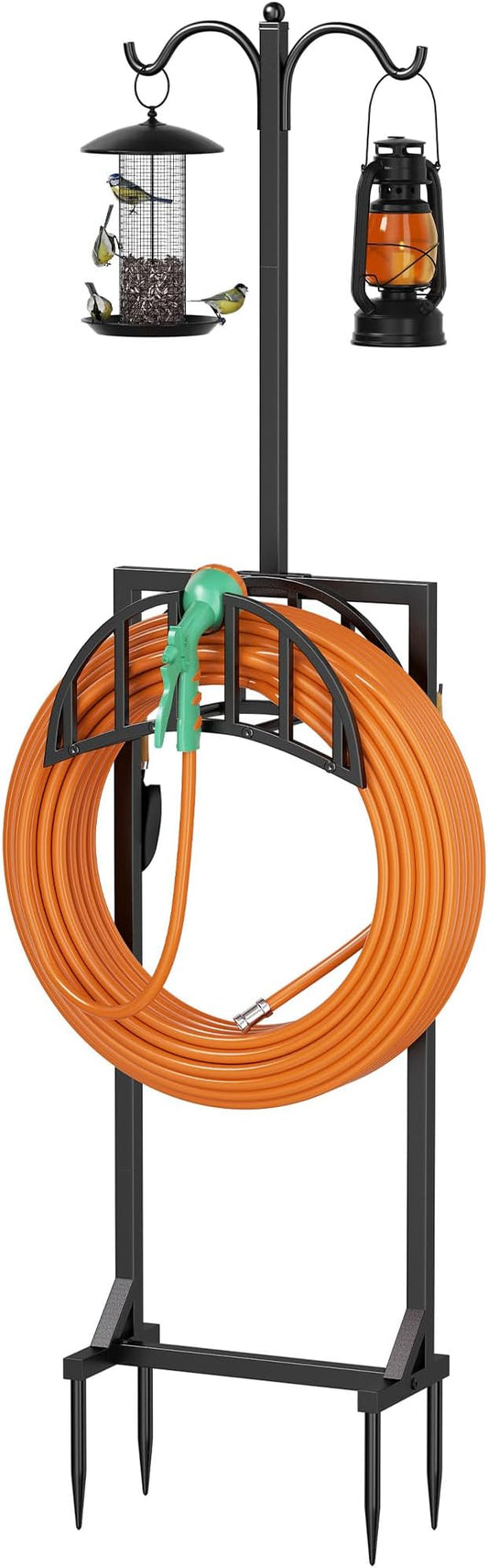 Garden Hose Reel Holder, Water Hose Stand for Outside with 4 Stake and 2 Shepherds Hooks, Freestanding Hose Storage Holds 150Ft, Heavy-Duty Metal Hose Hanger Rack for Yard, Lawn, Farm, Coffee
