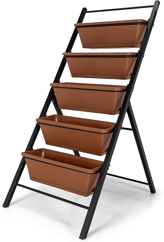 Giantex Vertical Planter Raised Bed, Elevated Garden Beds with Water Drainage Hole, Freestanding 5 Container Boxes for Herb Vegetables Flowers Growing, Outdoor Indoor Patio Balcony (Brown, 1)