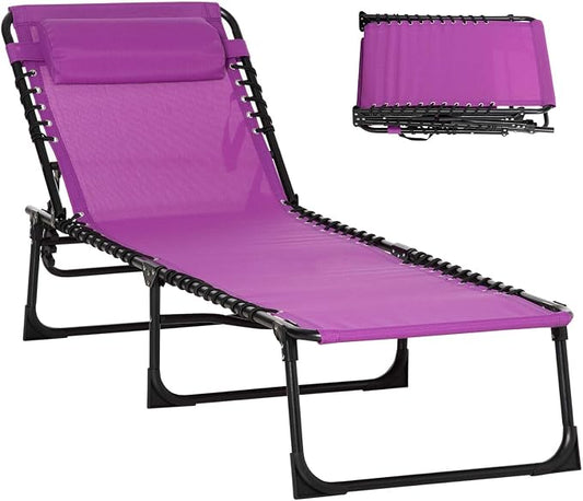 Outdoor Sun Tanning Chair Folding, Heavy Duty Adjustable 4-Position Folding Laying Out Chairs for Tanning, Beach Lounge Chairs for Adults for Sunbathing Patio Pool Lawn (Purple)