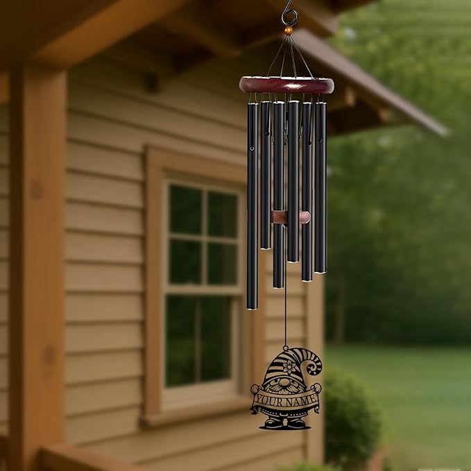 Personalized Customize Name Gnome Wind Chime, Metal Iron 37 Inch Outdoor Memorial Gift for Garden Yard Patio Home Decor, Black，Christmas (Style I)
