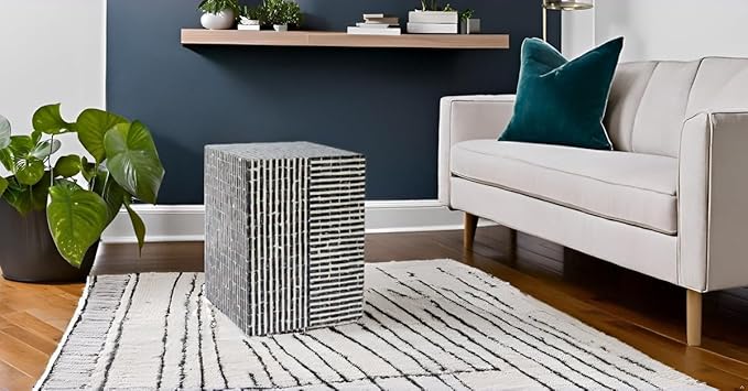 PEMAR Capiz Shell Square Drum End Table Side Accent Table Contemporary Mosaic Deco Patio Coffee Boho Décor Modern Nightstand & Vanity Stool (Dark Grey & White Stripes)