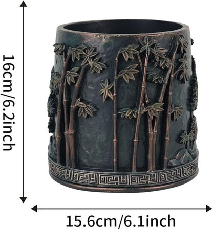 Flower Pot, 6 Inch Resin Plant Pots with Bamboo Design, Chinese Antique Style Decorative Plant Pots with Drainage for Indoor Plants Home Office Decor