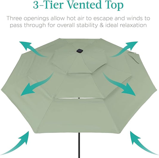 Best Choice Products 10ft 3-Tier Solar Patio Umbrella, Outdoor Market Sun Shade for Backyard, Deck, Poolside w/ 24 LED Lights, Tilt Adjustment, Easy Crank, 8 Ribs - Sage Green